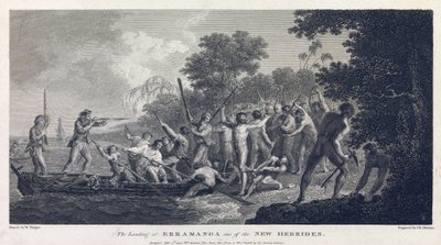 Die Landung in Erramanga (oder Eromanga), eine der Inseln von Vanuatu (ehemals Neue Hebriden, Archipel im Pazifischen Ozean), zeigt die Besatzung eines Kanus im Kampf mit Kriegern der Insel von William Hodges