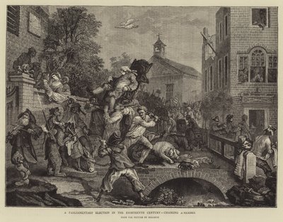 Eine Parlamentswahl im achtzehnten Jahrhundert, ein Mitglied wird getragen von William Hogarth