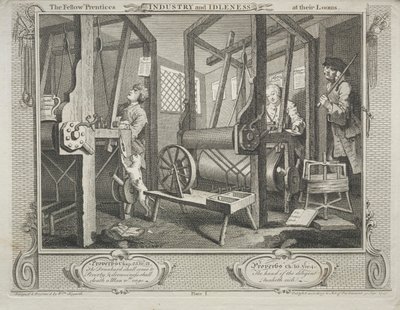 Industrie und Müßiggang: Die Lehrlinge an ihren Webstühlen von William Hogarth