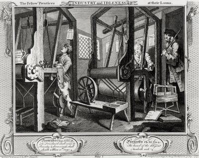 Industrie und Müßiggang, Die Lehrlinge an ihren Webstühlen, Platte 1 von William Hogarth