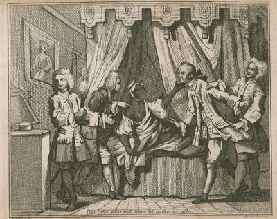 Qui color albus nunc erat, est contrarius albo; Vier Männer konfrontieren eine schwarze Frau in ihrem Schlafzimmer von William Hogarth