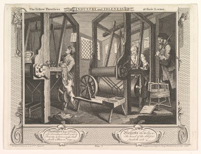 Die fleißigen Lehrlinge an ihren Webstühlen Fleiß und Faulheit, Tafel 1, 30. September 1747 von William Hogarth