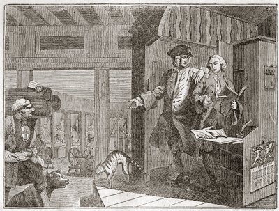 Der fleißige Lehrling, ein Favorit und von seinem Meister vertraut, aus der Serie „Fleiß und Faulheit“ - Platte aus einer Serie von 12 Gravuren von William Hogarth (1697-1764), britischer Illustrator, mit dem Titel „Fleiß und Faulheit“ von William Hogarth