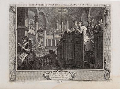 Der fleißige Lehrling, der die Pflicht eines Christen erfüllt. Serie Industrie und Fleiß, 1747 von William Hogarth