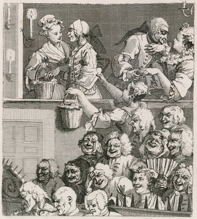 Das lachende Publikum. Hogarths Ansicht von Drury Lane mit Orangenverkäuferinnen im Jahr 1733 von William Hogarth
