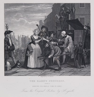 Der Werdegang eines Wüstlings: Verhaftet wegen Schulden auf dem Weg zum Gericht von William Hogarth