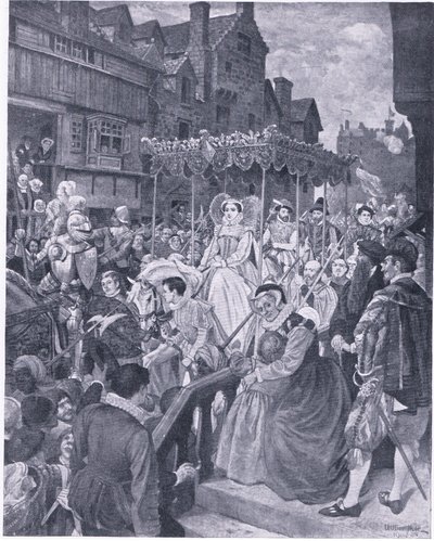 Der feierliche Einzug von Königin Maria in Edinburgh 1561, aus Cassells Geschichte des britischen Volkes, veröffentlicht von der Waverley Book Company, ca. 1950er Jahre von William Hole