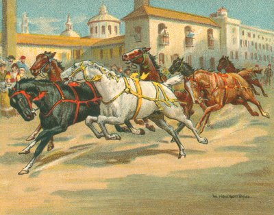 Historische und moderne Rennen, Reiterlose Pferderennen in Italien (Chromolithografie) von William Hounsom Byles