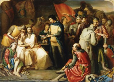 Szene im Zelt von Edward dem Schwarzen Prinzen nach der Schlacht von Poitiers: "Er behandelte König Johann wie einen geehrten Gast, als er beim Fest saß, denn mit ehrfürchtigem Blick und entblößter Stirn wartete der Prinz auf ihn" von William James Grant