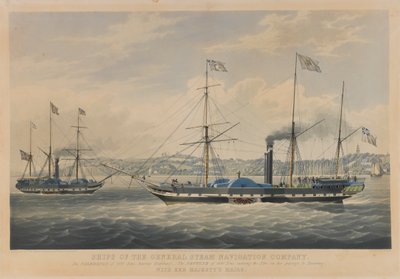 Schiffe der General Steam Navigation Company. Die Caledonia von 800 Tonnen verlässt Hamburg - Die Neptune von 800 Tonnen fährt in die Elbe auf ihrer Passage nach Hamburg, mit den königlichen Posten von William John Huggins