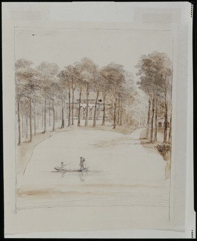 Vogelhaus in Chiswick; Teich mit einem Paar in einem Boot, die Frau angelt (Feder und braune Waschung über Bleistift auf Papier) von William Kent
