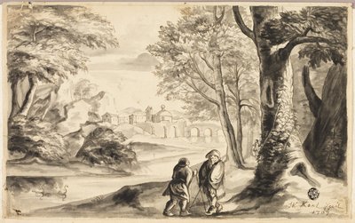 Zwei Reisende unter einem Baum mit Dorf und Brücke in der Ferne von William Kent