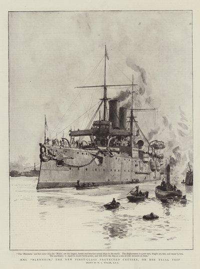 HMS Blenheim, der neue erstklassige geschützte Kreuzer, auf ihrer Probefahrt von William Lionel Wyllie