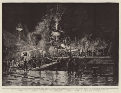 Überstunden, Fertigstellung der HMS Magnificent, eine Nachtszene in der Werft von Chatham von William Lionel Wyllie