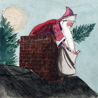 Weihnachtsmann, der durch einen Schornstein hinunterkommt, einen Sack voller Spielzeug und einen Weihnachtsbaum zieht. Aquarell, frühes 20. Jahrhundert, von William Lionel Wyllie (1851-1931). von William Lionel Wyllie