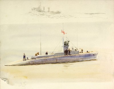 U-Boot J.5 und grobe Skizze eines anderen Kriegsschiffs, frühes 20. Jahrhundert von William Lionel Wyllie