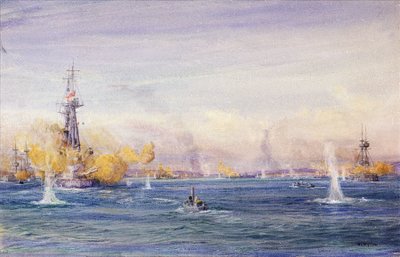 Die Schlacht von Gallipoli (1915) (Türkei), während der Gallipoli-Kampagne, im Marmarameer. Aquarell, ca. 1915 von William Lionel Wyllie (1851-1931) von William Lionel Wyllie