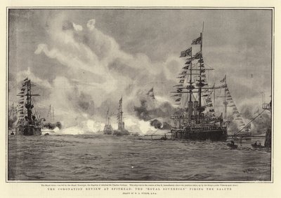 Die Krönungsparade in Spithead, die Royal Sovereign feuert den Salut von William Lionel Wyllie