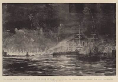 Die Marineparade in Spithead vor dem Prinzen von Wales zu Ehren des Diamantenen Jubiläums der Königin, die Flotte beleuchtet von William Lionel Wyllie