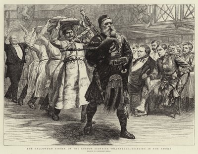 Das Halloween-Dinner der London Scottish Volunteers, das Haggis wird hereingebracht von William Lockhart Bogle