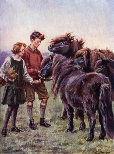 Junge und Mädchen füttern Shetlandponys von William Luker