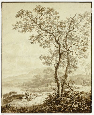Gewundener Weg neben See, mit großem Baum und rastendem Reisenden im Vordergrund von William Marshall Craig