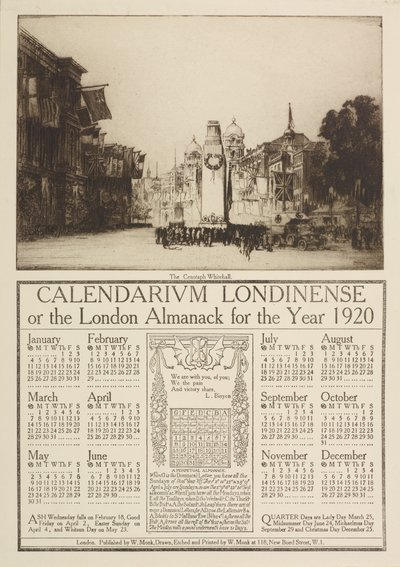 Calendarium Londinense oder der Londoner Almanach für 1920, gekrönt von einer Ansicht des Kenotaphs, Whitehall, 1919 von William Monk