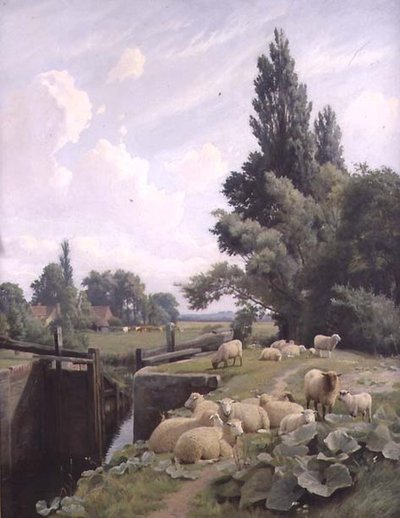 Landschaft mit einer Schleuse und einer Schafherde von William Sidney Cooper