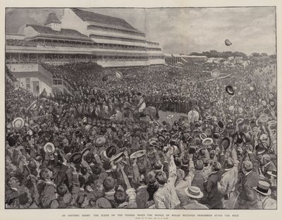 Ein historisches Derby, die Szene auf der Rennbahn, als der Prinz von Wales Persimmon nach dem Rennen empfing von William Small