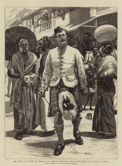 Der Prinz von Wales in Ceylon, der Highland Piper des Prinzen erstaunt die Kandyan-Einheimischen von William Small