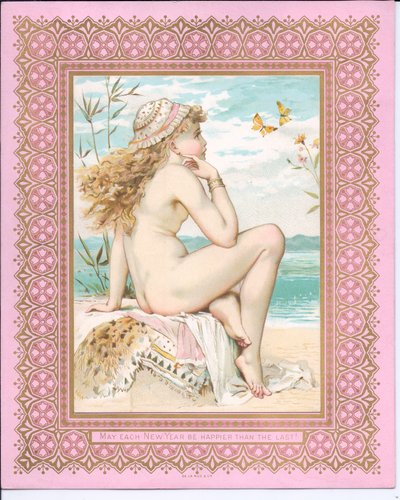 Viktorianische Neujahrskarte von einer badenden Schönheit am Strand, ca. 1881 von William Stephen Coleman