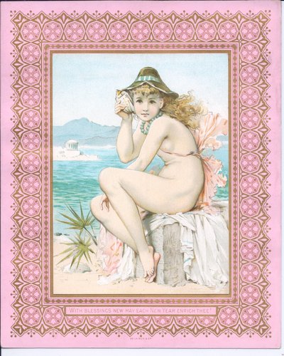 Viktorianische Neujahrskarte von einer badenden Schönheit am Strand, die eine Muschel ans Ohr hält, ca. 1881 von William Stephen Coleman
