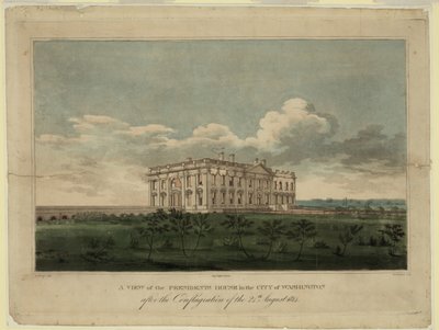 Ansicht des Weißen Hauses in der Stadt Washington nach dem Brand vom 24. August 1814 von William Strickland