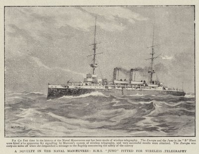 Eine Neuheit in den Marine-Manövern, H.M.S. Juno für drahtlose Telegrafie ausgestattet von William T. Maud