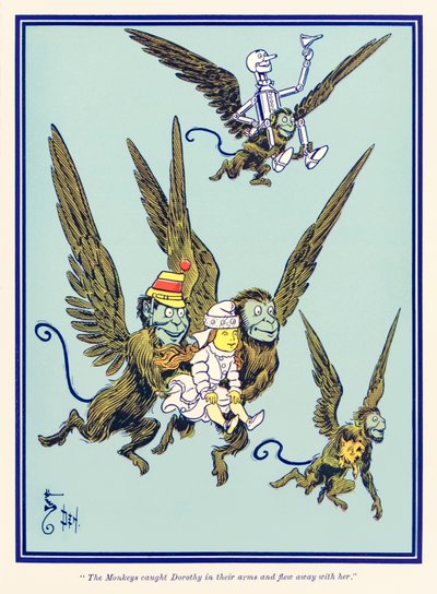 „Die Affen fingen Dorothy in ihren Armen und flogen mit ihr davon.“ aus „Der Zauberer von Oz“ von L. Frank Baum von William Wallace Denslow