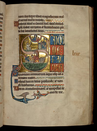 Ms 322 f.67r, Psalm 68, Initiale S, Jona betet zu Christus beim Verlassen des Wals und Jona wird dem Wal zugeworfen, Illustration aus dem 