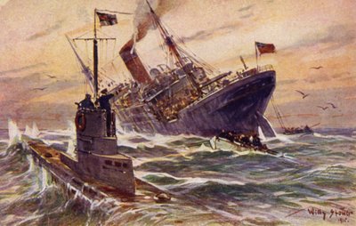 Zerstörung eines britischen Handelsschiffs durch ein deutsches U-Boot, Erster Weltkrieg von Willy Stöwer