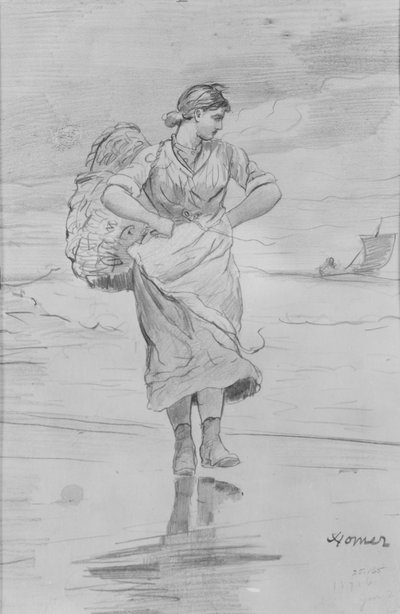 Ein Fischer Mädchen am Strand (Skizze für Illustration von "Die einlaufende Flut") von Winslow Homer