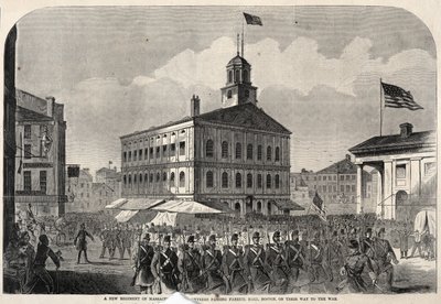 Ein neues Regiment von Massachusetts-Freiwilligen zieht an der Faneuil Hall in Boston vorbei, auf dem Weg in den Krieg von Winslow Homer