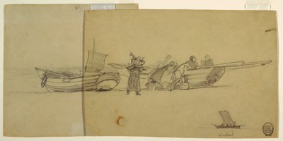 Männer und Frauen entladen ein Fischerboot, Cullercoats, England von Winslow Homer