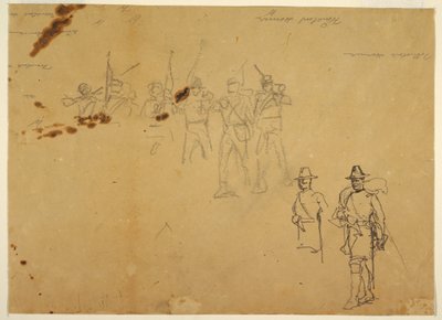 Skizzen von einzelnen Infanteriefiguren und Übungsunterschriften, 1862 von Winslow Homer