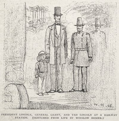 Präsident Lincoln, General Grant und Tad Lincoln an einem Bahnhof von Winslow Homer