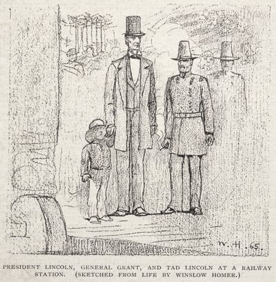 Präsident Lincoln, General Grant und Tad Lincoln an einem Bahnhof, 1887 von Winslow Homer