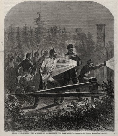 Rebellen außerhalb ihrer Werke in Yorktown, die mit dunklen Laternen aufklären, 1862 von Winslow Homer