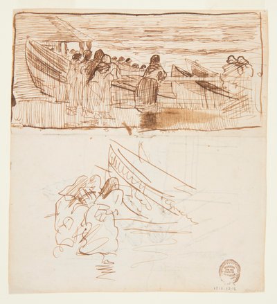 Zwei Studien von Frauen, die hinter einem Geländer stehen und den Stapellauf von Dories in Cullercoats, England, beobachten von Winslow Homer