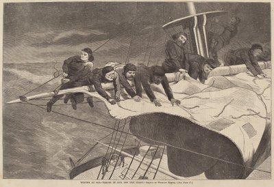 Winter auf See - Segel einholen vor der Küste, veröffentlicht 1869 von Winslow Homer