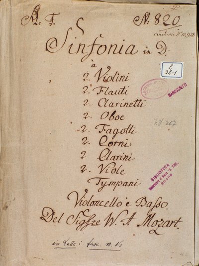 Erste Seite des Notenblatts für Symphonie Nr. 4 in D, von Mozart von Wolfgang Amadeus Mozart