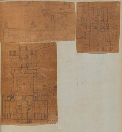 Seite aus einem Sammelalbum mit Zeichnungen und mehreren Drucken von Architektur, ca. 1800-1850. Schöpfer: Werkstatt von Charles Percier, Werkstatt von Pierre François Léonard Fontaine von Workshop of Charles Percier, Workshop of Pierre