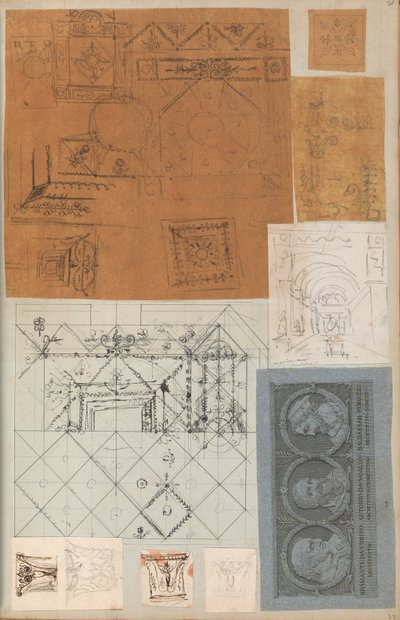Seite aus einem Sammelalbum mit Zeichnungen und mehreren Drucken von Architektur, ca. 1800-1850 von Workshop of Charles Percier, Workshop of Pierre