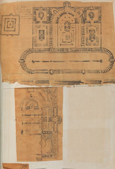Seite aus einem Sammelalbum mit Zeichnungen und mehreren Architekturabdrücken, ca. 1800-1850. Schöpfer: Werkstatt von Charles Percier, Werkstatt von Pierre François Léonard Fontaine von Workshop of Charles Percier, Workshop of Pierre